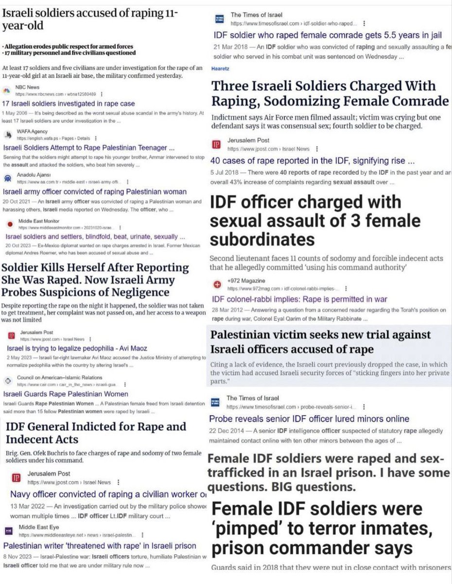 Newspaper🙋‍♂️News🇮🇱📰🕊❗️

Netzfund: Zitat: 

Diese Collage zeigt, wie weit verbreitet die Vergewaltigungskultur in Israel ist, insbesondere beim Militär und der Polizei, dieselben Institutionen, die gebrauchte oder anonyme Zeugenaussagen über die angebliche Vergewaltigungsserie