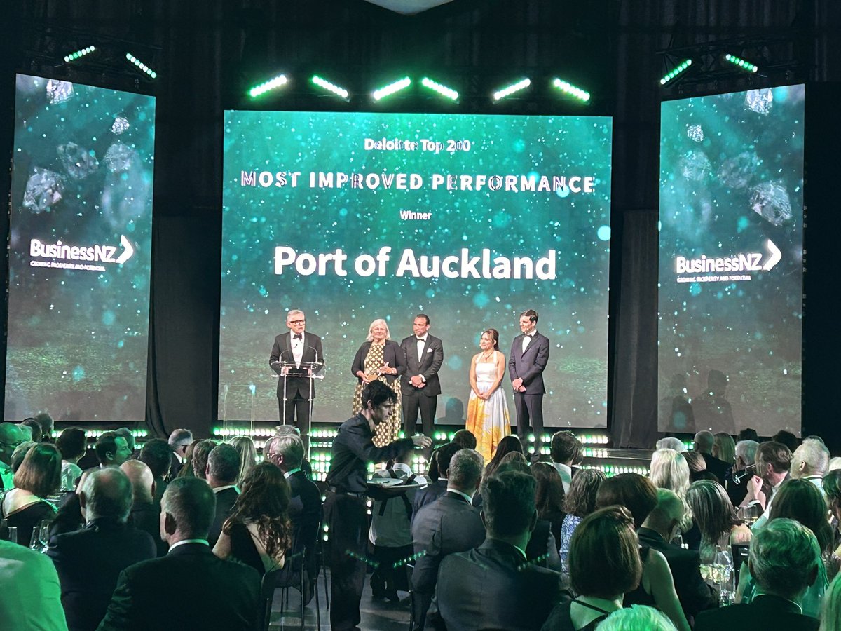 AKLPort's tweet photo. We are absolutely thrilled to share we have been named the winner of the @BusinessNZ Most Improved Performance Award at the 2023 @Deloitte Top 200 Awards tonight! Huge thank you to our whole team ⚓️#DeloitteTop200 https://t.co/GH1U5FwM7q