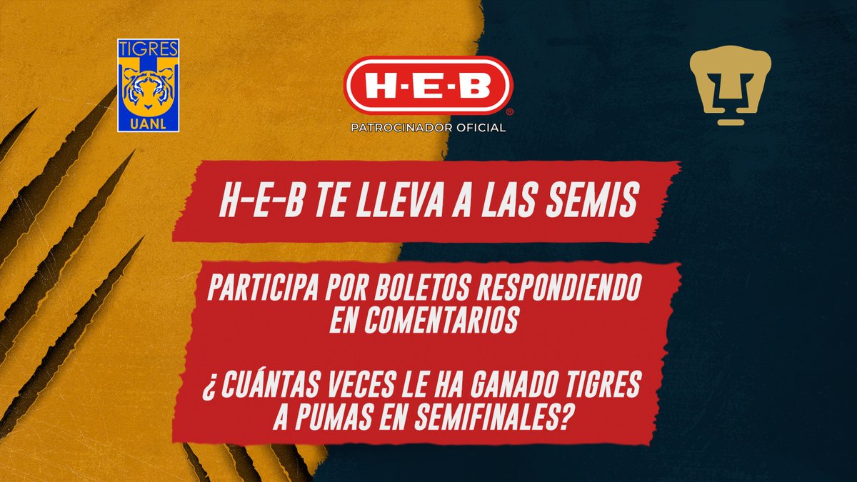 HEB_mexico's tweet photo. H-E-B te lleva al Volcán 🌋 ​
Apoya a @TigresOficial 🐯 en el partido de semifinal vs. Pumas ​
Sigue estos pasos y ya estás participando: ​
❇️ Comparte esta publicación ↩️​
❇️ Deja en comentarios tu respuesta 💬​
❇️ Revisa Términos y Condiciones. ​
¡Listo! Suerte a todos ✨ https://t.co/yjJh2GTtz8