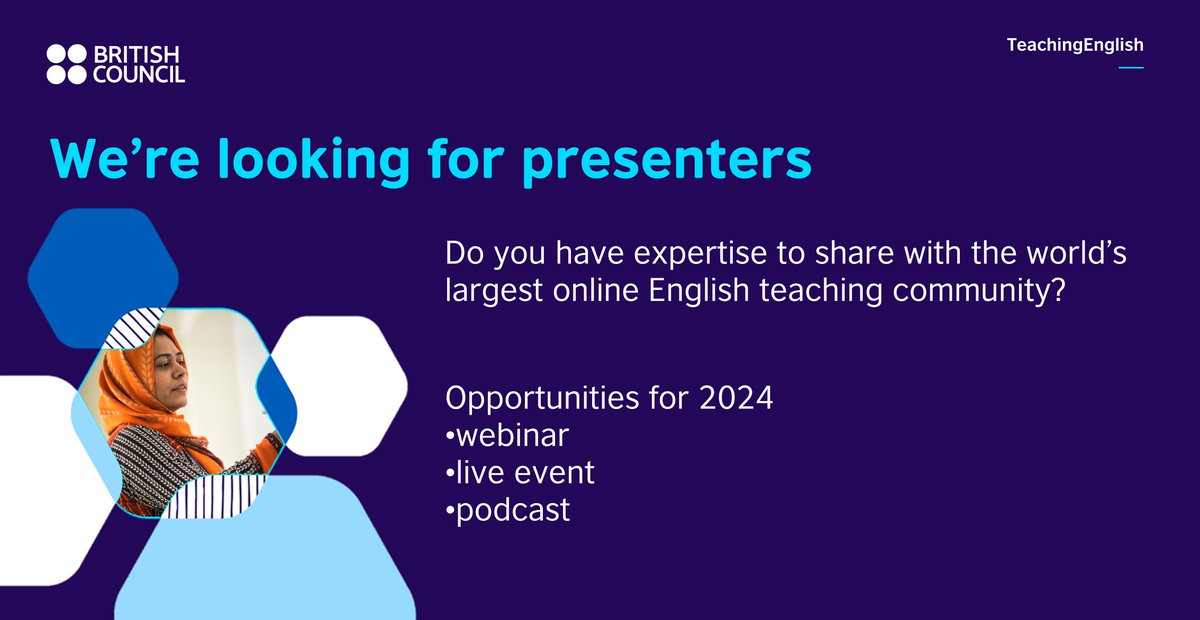 #TeachingEnglish live events provide support, inspiration, and practical ideas for both classroom teaching and professional development.

#ShareYourExpertise with our online English teaching community.

teachingenglish.org.uk/call-speakers-…

⌛️Deadline: 14 January 2024

#ELT #Education