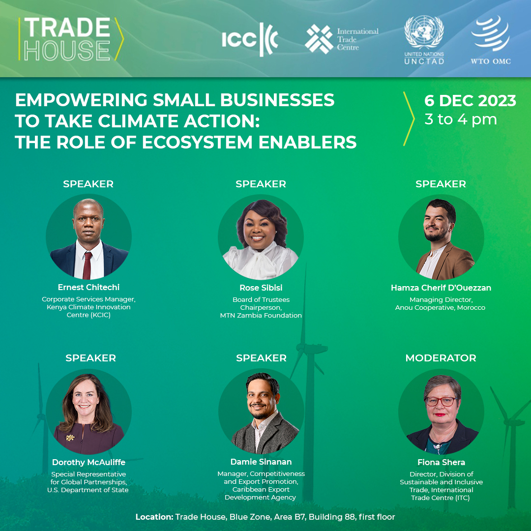 🌍 Exciting COP28 Panels: Empowering Small Businesses for Climate Action (3-4 pm) and Leveraging Sustainable Finance in Trade (1:30-2:30 pm). Join us at Trade House or online: bit.ly/47MZg87. Let's amplify impact! 🌱🌐 #COP28 #TradeCanHelp @KenyaCIC @ADB_HQ @verogbogbo
