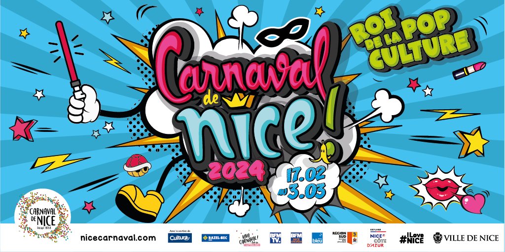 🎉La Pop Culture s'empare du #NiceCarnaval 2024 ❗️ 🌟Du 17 février au 3 mars, la @VilledeNice battra au rythme de la #PopCulture🎭 ✨Couleurs vives et motifs captivants, cette affiche est une invitation à tous pour vivre l'événement le plus incroyable de l'année!🎉 #ILoveNice