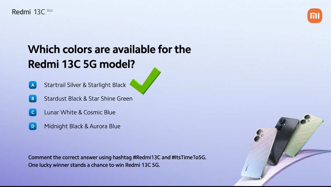 Venkatramana_89's tweet image. #Question2 Ans : Option : A  Startrail Sliver &amp;amp; Starlight Black
#Redmi13C
#ItsTimeTo5G
#Redmi13C