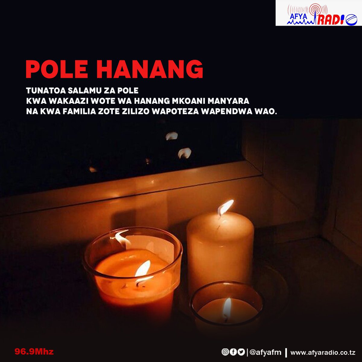 Afyafm's tweet photo. Tunatoa salamu zetu za Pole kwa wananchi wote na Familia zilizopoteza wapendwa wao katika mafuriko Hanang Mkoani Manyara.
....
#afyaradio #PrayForHanang https://t.co/NQ6w9WzuVB