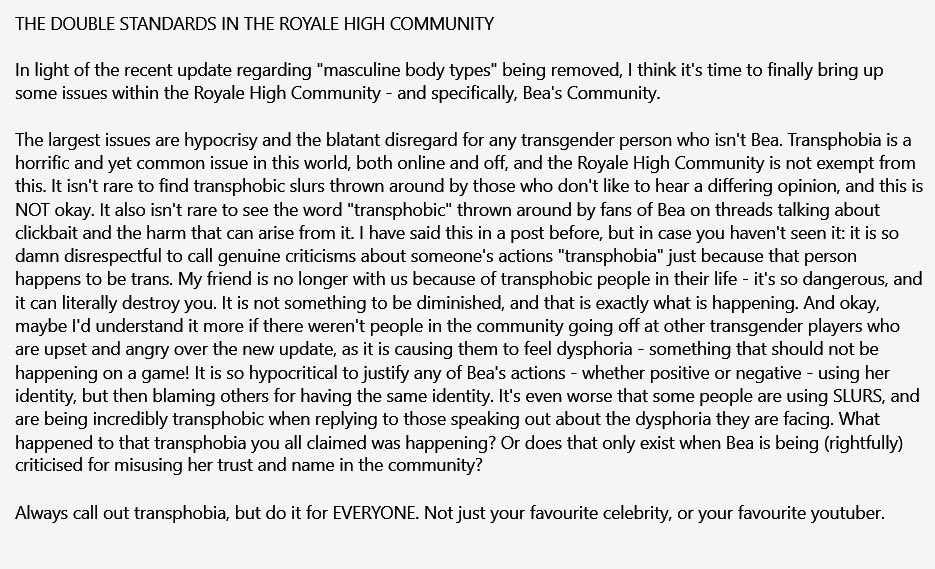 I know I’ll get attacked for this, but I don’t care. The transphobia has to stop. I’m sorry if it is worded weirdly, I’m not too great with words aha.

—-

#royalehigh #royalhigh #rh #glitterfrost #glitterfrostupdate #royalehighcampus3 #campus3 #royalehightrade #rhtrading