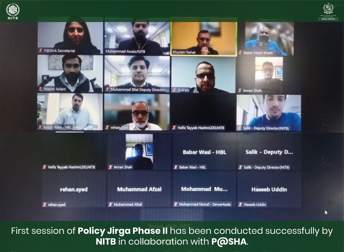 First session of Policy Jirga Phase II has been conducted successfully by NITB in collaboration with P@SHA. Opening notes were given by worthy CEO NITB Mr.@babermb and Vice Chairman @PASHAORG Mr. Khurram Rahat. #PASHAGrandJirga #NITB #ITPolicy #Islamabad #Pakistan