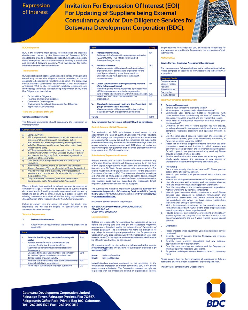 etenderbotswana's tweet photo. @BDCLimited Tender Notice
https://t.co/Nxn25Tlu5Z Invitation For Expression Of Interest (EOI)
Closing on the 15th December 2023 
#Botswana #tenders #etender #pushabw https://t.co/baGD5cotS8