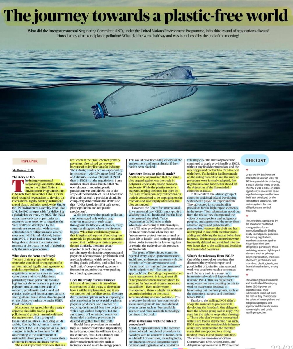imRavikantYadav's tweet photo. 'The Journey towards a Plastic-Free World'
'Intergovernmental Negotiating Committee' #INC3

: An Insightful article by Ms Madhuvanthi R.

#UNEP #UNEA
#INC #GlobalPlasticsTreaty #LegallyBinding #ZeroDraft 
#PlasticPollution 
#Polymer #industry 
#PlasticFreeWorld

#UPSC 

Source:TH https://t.co/IZ1R60nNK8