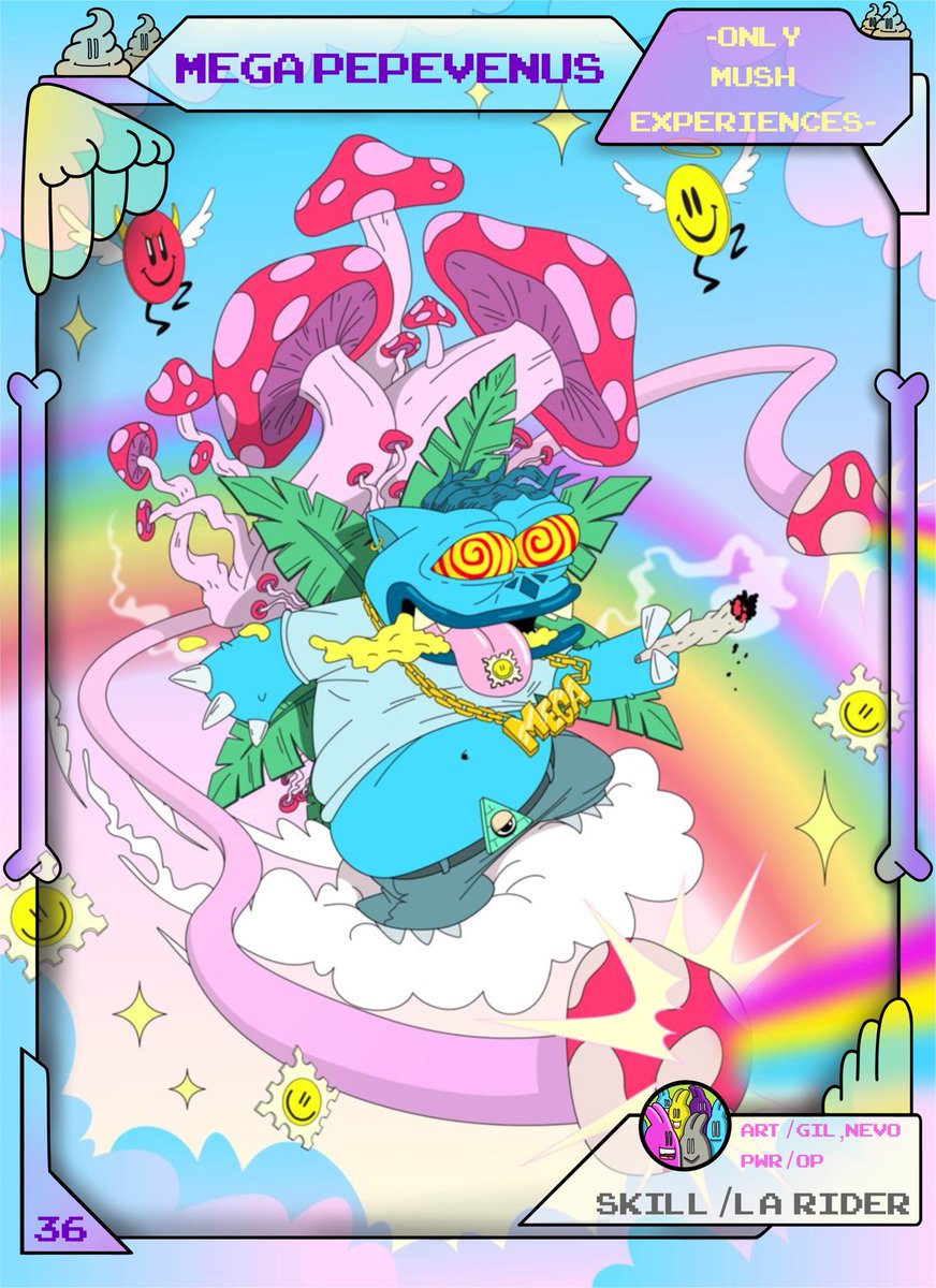 TheSocialTrauma's tweet photo. GM Frens 🔮

It’s time to start revealing some Evolution Cards from our Collective 🐸

NAME - MEGAPEPEVENUS
LIFE - Only Mush Experiences 
ART - Gil Nevo @kozmikbumz 
SKILL - LA Rider 
SUPPLY - 90 + 10  ȻHOLO https://t.co/9bREA0mMw3