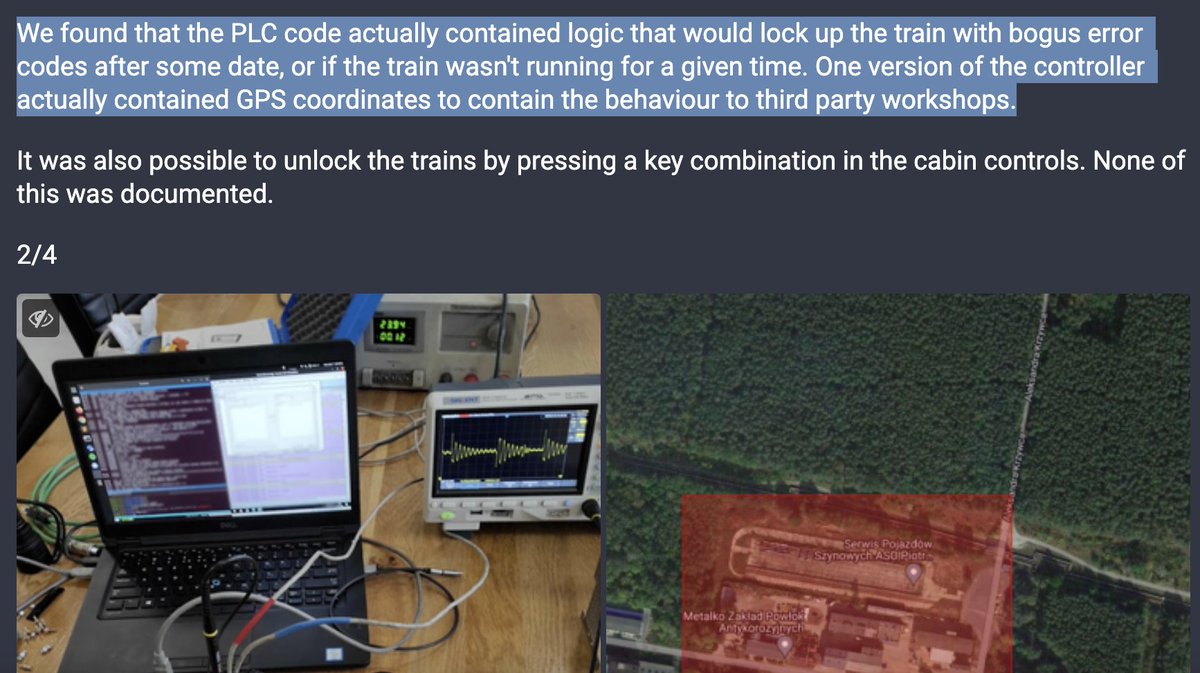 They HACKED A TRAIN. For real. Train operators asked for this to see why their trains didn't run after servicing. Turns out that vendor/producer implemented a geofence lock for trains serviced somewhere else. Amazing story, one of the best hacks in 2023. social.hackerspace.pl/@q3k/111528165…