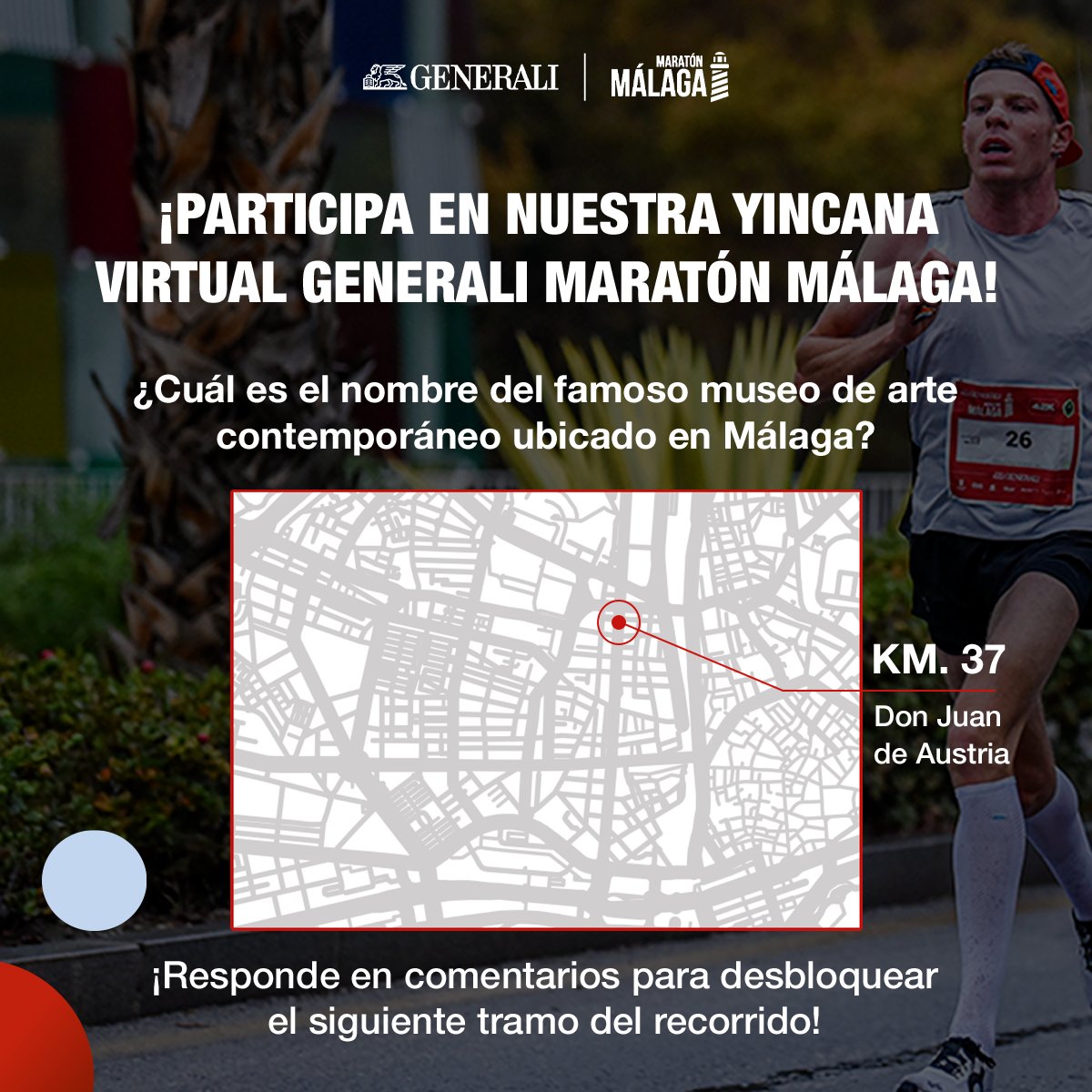 arcodest's tweet photo. Te invito a participar en la nueva entrega de la yincana virtual de #GENERALIMaratónMálaga. Prepárate para la carrera y demuestra lo que sabes sobre la ciudad de Málaga y el running. ¡No te lo pierdas! https://t.co/uSGnKydXPA