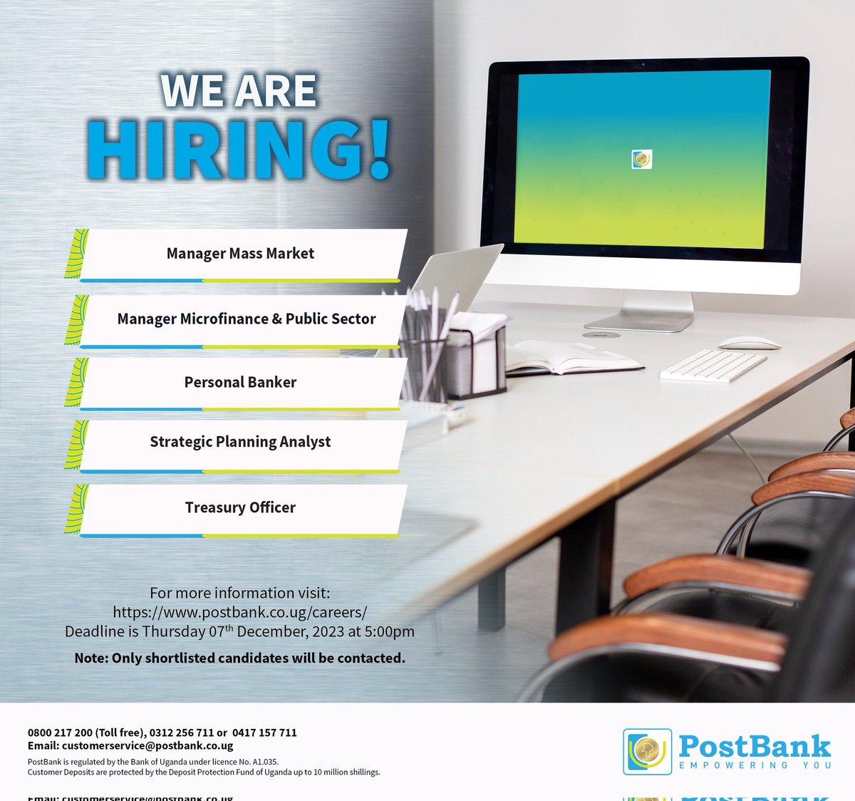 Just 1 day left 🗓
Several job opportunities are available at @postbankug. Kick off your career resolutions in rhythm!

Visit bit.ly/3r5uA1R for more details

#jobclinicug #jobsinuganda #ApplyNow #HiringNow #jobopportunity #bankjobs