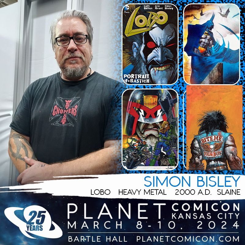 📢 We're excited to welcome one of the most renowned artists in comics, Simon Bisley to #PCKC25th. 

Simon is an incredible artist illustrating some iconic books featuring Lobo and Judge Dredd. 

He joins us March 8-10, 2024. Tickets available at Planetcomicon.com