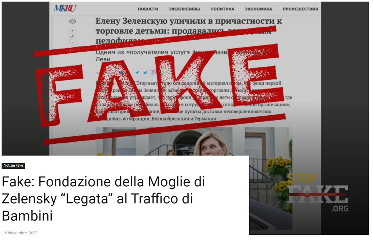 StopFakeItalian's tweet photo. Molti media russi, citando The Intel Drop, hanno diffuso la notizia che la fondazione della first lady ucraina Olena Zelenska sarebbe coinvolta nel traffico di bambini. 🤦 https://t.co/zw83tARffF https://t.co/sGIsTTdHLN
