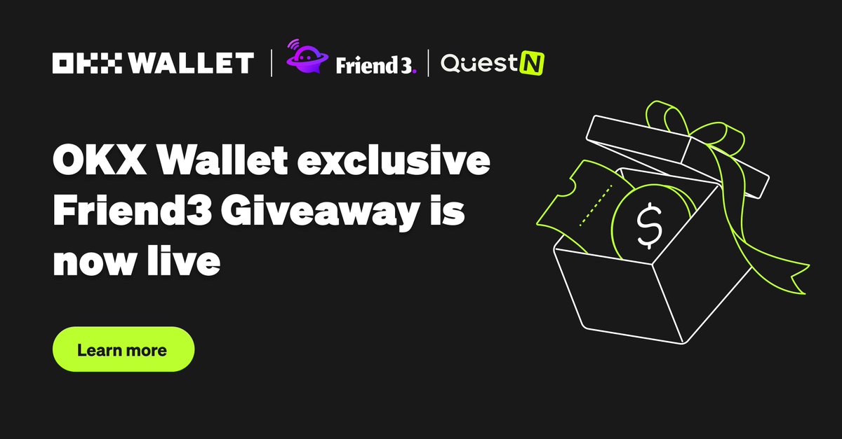 🎉 #OKXWallet x #Friend3 x <a href="/QuestN_com/">QuestN</a>

💪 Thrilled to host 150,000 $F3 #Giveaways with @okxweb3 for #Web3 explorers!

💡 Steps
1️⃣ Verify you're an #OKXWallet User;
2️⃣ RT, Follow <a href="/Friend3AI/">Friend3.AI</a> &amp; @okxweb3 ;
3️⃣ Join a group on Friend3-#opBNB ;

Start now👇
app.questn.com/quest/84627331…