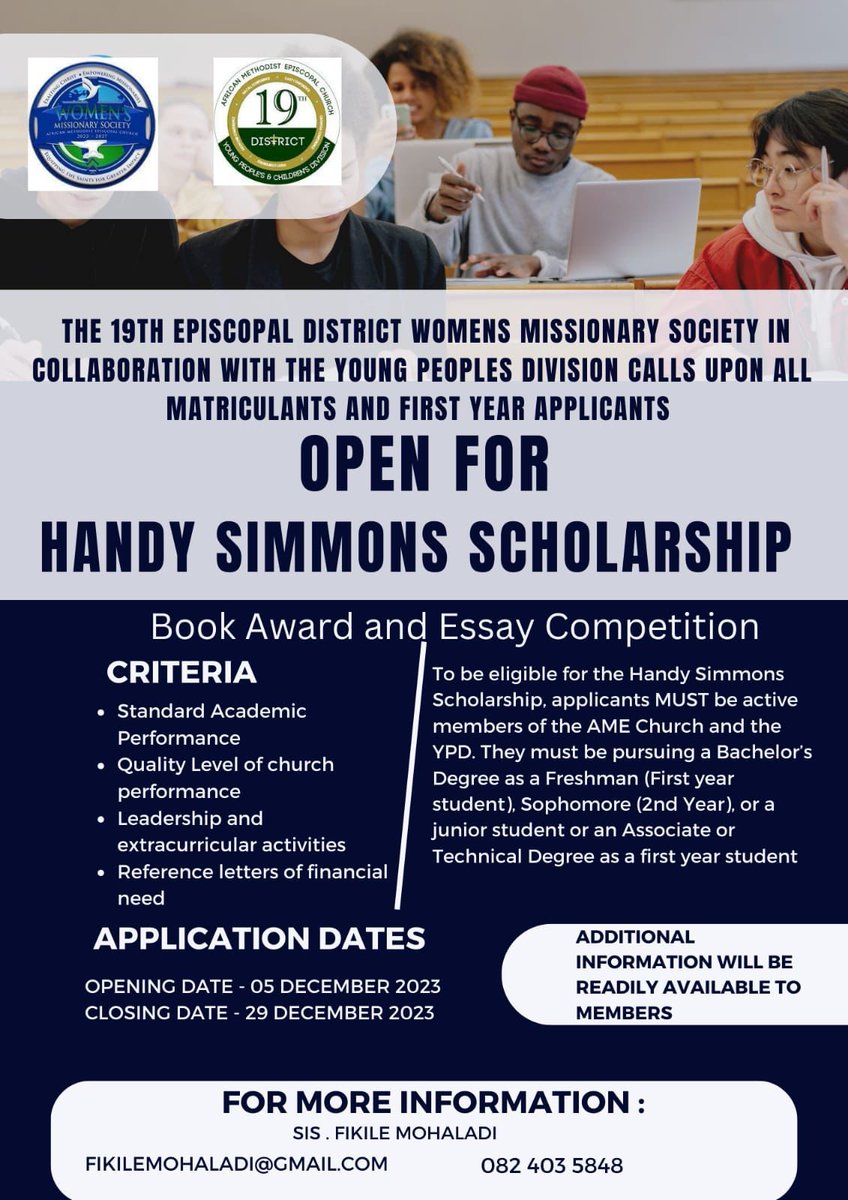 Ypd19th's tweet photo. Beloved!
This is a notice to the opening of the Handy Simmons Scholarship.
 Theme for your Essay:
“Describe the lessons learnt about yourself; Socially, Emotionally and Spiritually- post the Covid 19 Pandemic”.
The winner will receive $500 (USD) towards tuition fees for 2024. https://t.co/3bF9I09NUk