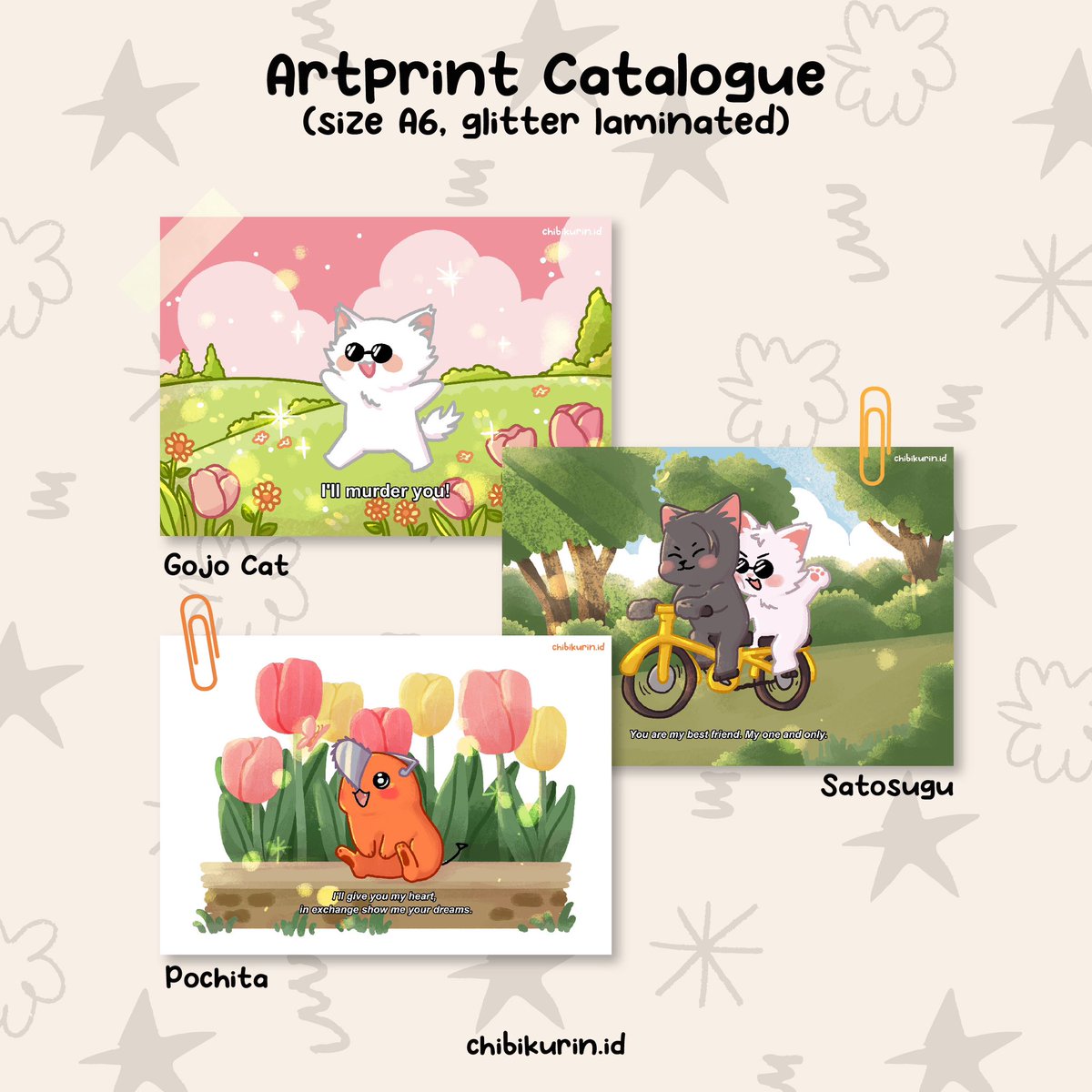chibikurin_id's tweet photo. ★ANIME CHIBI ART PRINT★
•material : art paper 310gr + giltter laminated
•size : A6 : 10.5 cm x 14.8 cm
•comes with freebies 

💰17k / pcs

#jujutsukaisen #jjk #artprint #gojocat #satosugu #pochita #csm #chainsawman #animeartprint https://t.co/nm5Sy6mW9a