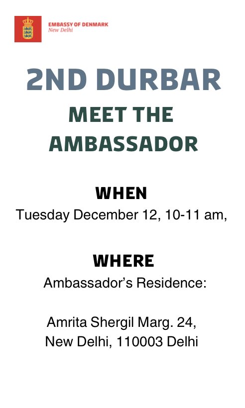 DenmarkinIndia's tweet image. Durbar- open house interaction with Ambassador! Come by and meet the Danish Ambassador to India @svane_freddy at his residence to engage in open dialogue and conversation #durbar #meettheambassador #DKinIndia 🤝🌱