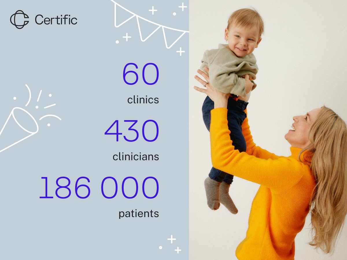 🚀 Celebrating a Remarkable Journey! 🚀 In just 11 months, Certific has reached an incredible milestone - 60 clinics, 430 clinicians, and over 186,000 patients! 🌟 #Certific #PatientCare #HealthTech