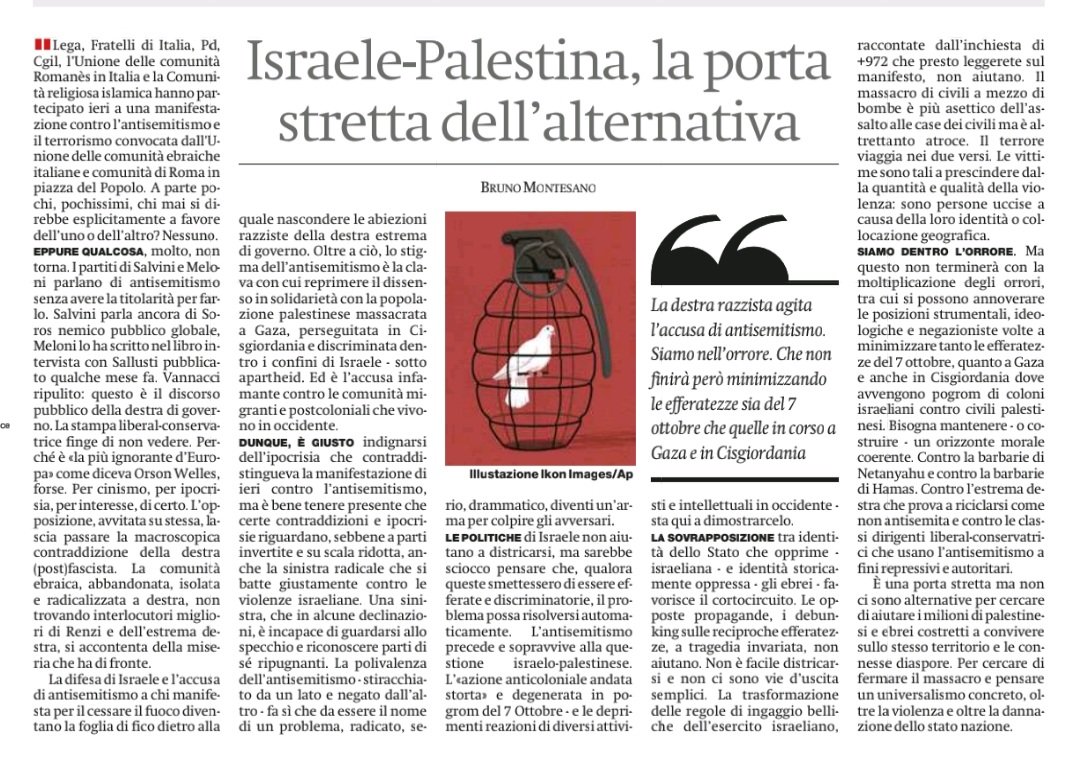 Una, nessuna e centomila forme di antisemitismo, sulla manifestazione di ieri, per <a href="/ilmanifesto/">il manifesto</a> 

"La difesa di Israele e l’accusa di antisemitismo a chi manifesta per il cessare il fuoco diventano la foglia di fico dietro alla quale nascondere le abiezioni razziste della destra