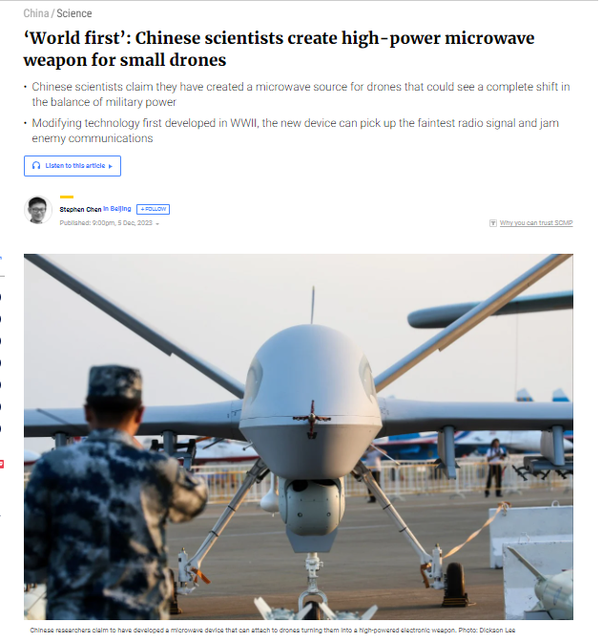thinking_panda's tweet photo. Chinese scientist is able to miniaturize and fit Electronic Warfare and Radar capabilities into drones.
Imagine in a war in the Taiwan Straits or South-China Sea - where all the enemies' radars & communication sys are jammed and not working because of these long endurance drones. https://t.co/gGWhDm7luu