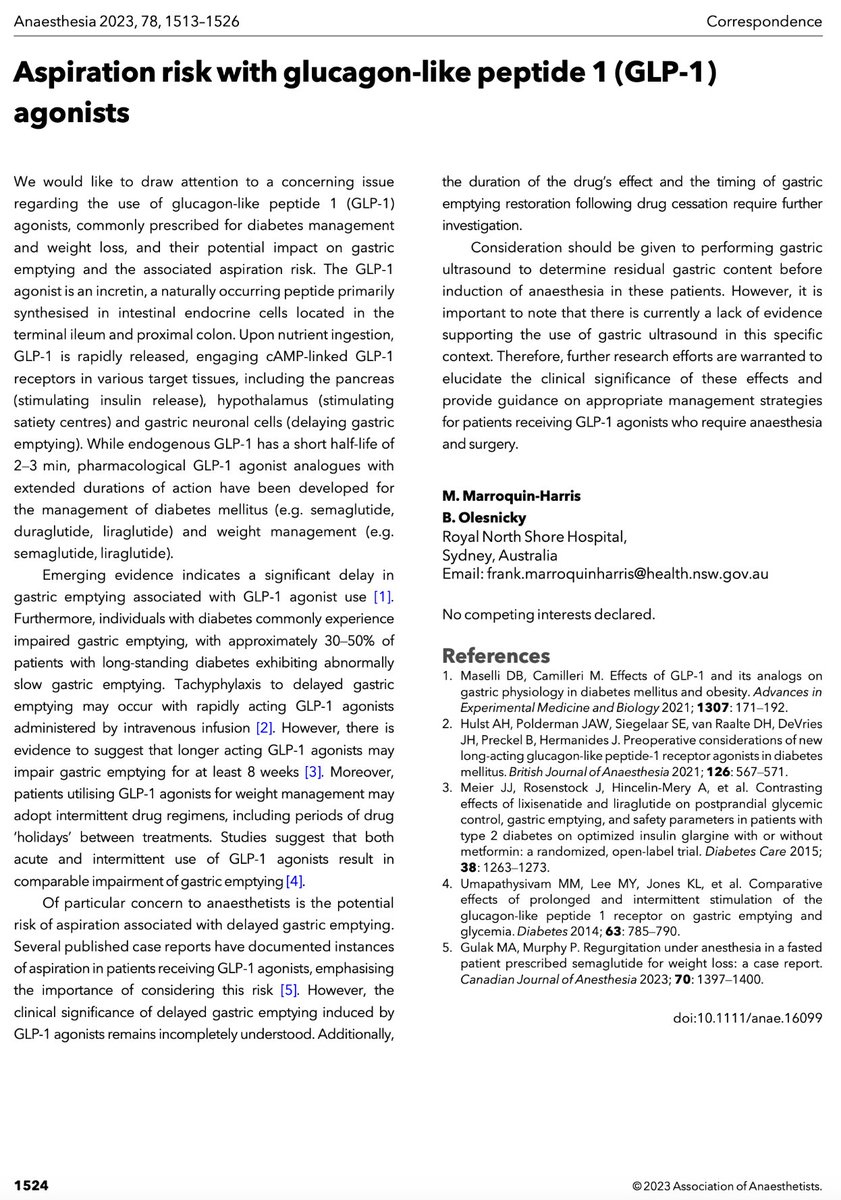 🔓Aspiration risk with glucagon-like peptide 1 (GLP-1) agonists. 'Consideration should be given to performing gastric ultrasound to determine residual gastric content before induction of anaesthesia in these patients.' 🔗…-publications.onlinelibrary.wiley.com/doi/10.1111/an…