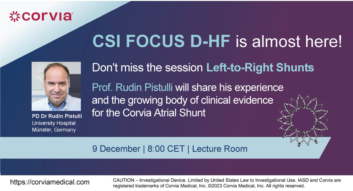 We hope to see you in Wiesbaden, Germany at #CSIFocusDHF! Thanks in advance to Prof. Rudin Pistulli who will present his experience with the #Corvia Atrial Shunt and to <a href="/CSIcongress/">CSI Congress</a> for its continued focus on the potential of #atrialshunt therapy for #heartfailure.  #CSIDHF