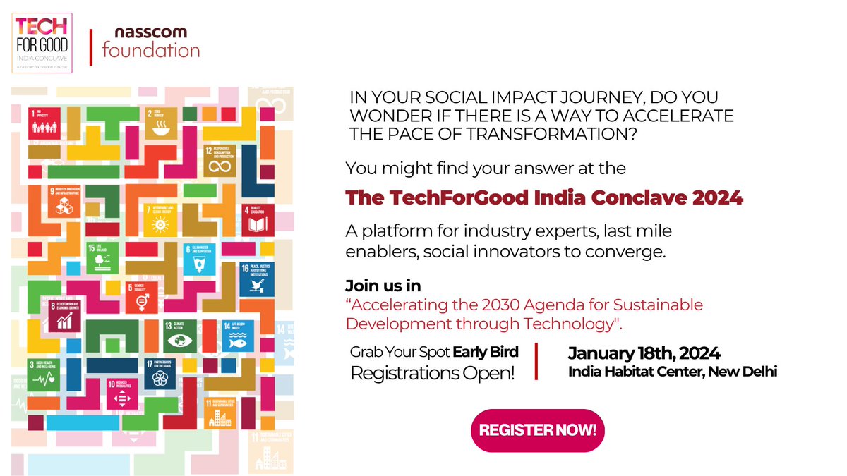 nasscomfdn's tweet photo. Join us for the TechForGood India Conclave 2024! where Industry leaders, and change makers bring profound insights to catalyze positive change towards achieving the SDG 2030 agenda.
Early Bird Registrations Open Now!
Secure your spot
https://t.co/Hw0vlhfHhZ
.
.
#SDGs #Act4SDG https://t.co/odUKr66u68