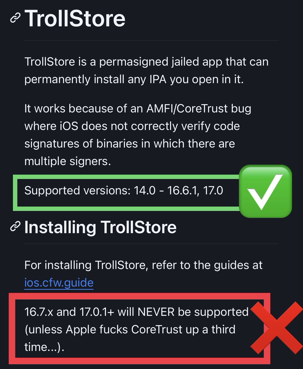 sharklatan's tweet photo. #Trollstore 16.7.x 17.0.1 17.0.2 ❌ https://t.co/xxcEG0OGgm
