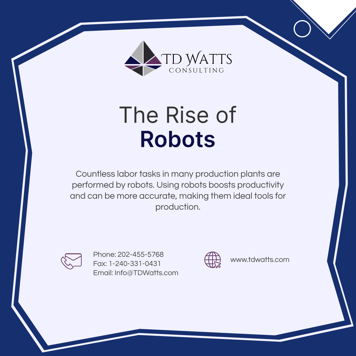 tdwatts_consult's tweet image. The use of robots has rapidly become on the rise, especially with the many improvements over time. The rise of robots allows many companies to be more efficient and accurate when creating their products.

#WashingtonDC #ITConsulting #RoboticsAdvancements