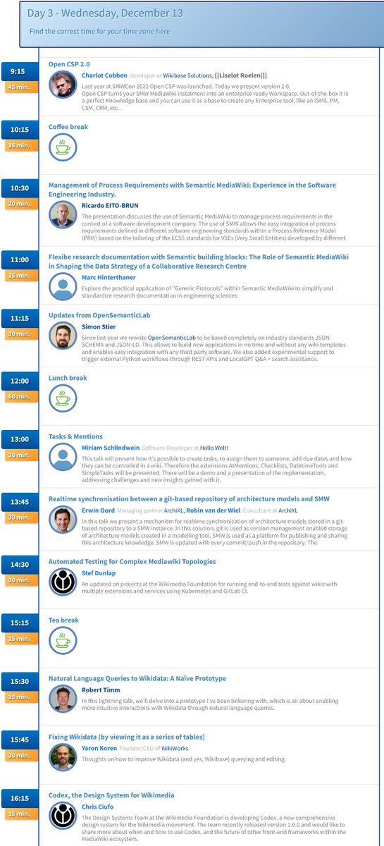 SemanticMW's tweet photo. Next Wednesday will already be the last day of #SMWCon With great talks about #OpenCSP, Process requirements, #research documentation, #OpenSemanticLab, architecture models, automated testing in @mediawiki, to talks about @wikidata and one about #Codex @Wikimedia https://t.co/Fex8qtMD8U