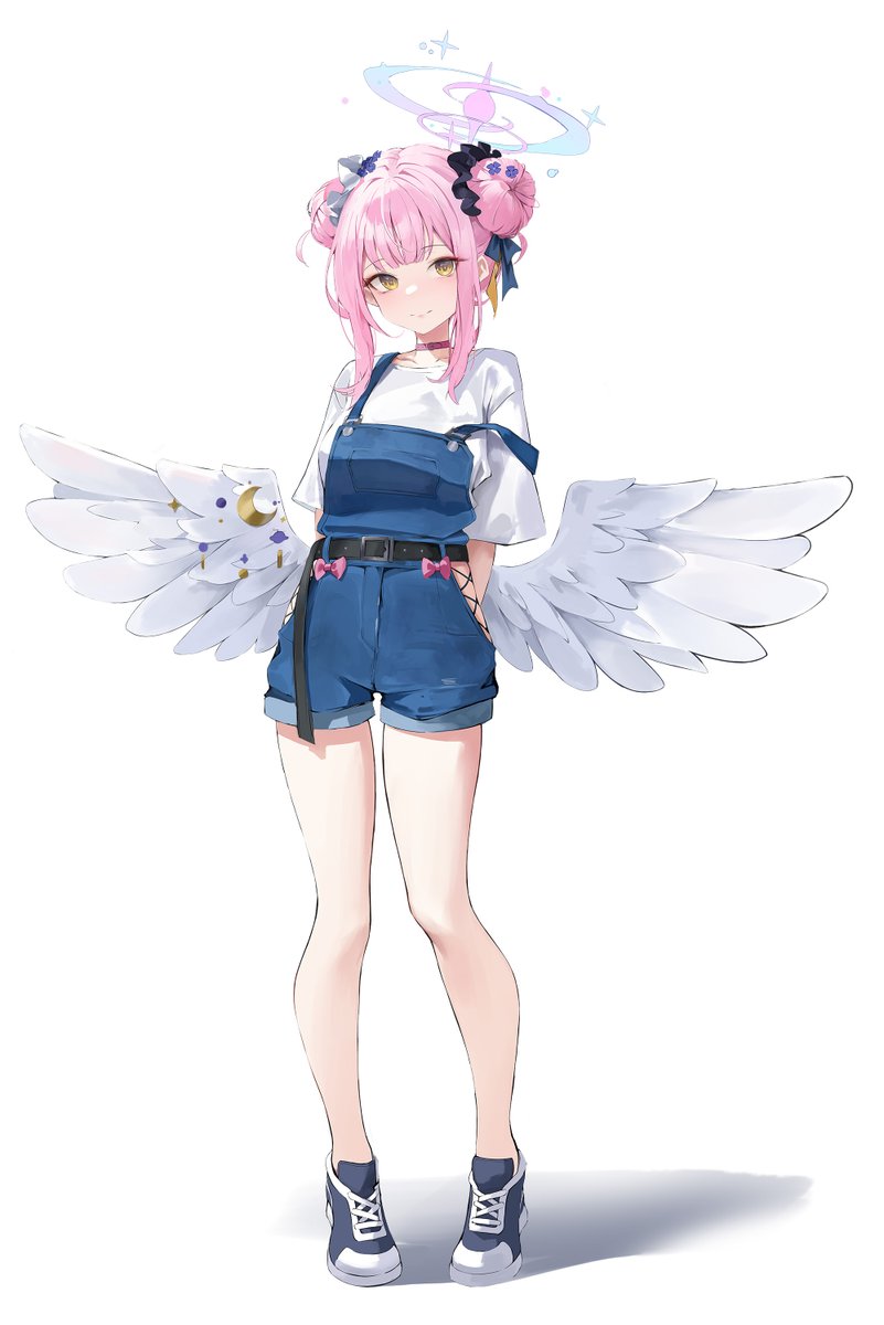 mika (blue archive) 1girl hair bun solo pink hair halo wings overalls  illustration images