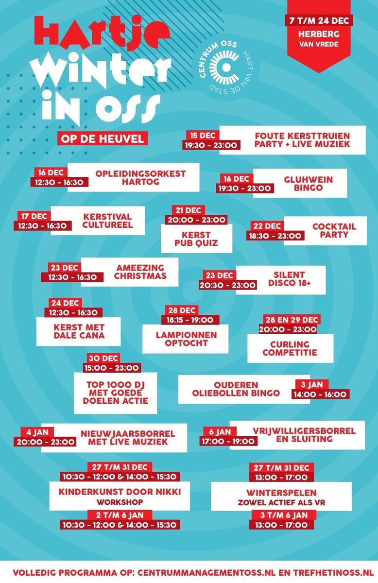 Sfeervol genieten tijdens Winter in Oss! Ons gevarieerde (jeugd)programma op de Heuvel is klaar! Vandaag opening 'Herberg van Vrede'. Ga voor informatie, tijden en extra open zondagen naar: centrummanagementoss.nl of trefhetinoss.nl 
#centrumoss #hartvandestad