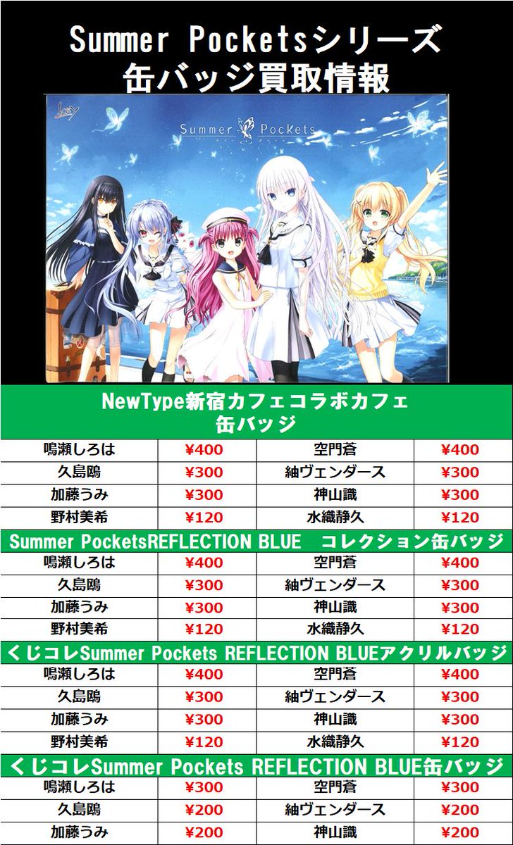 買取情報】 「Summer Pockets」缶バッジ買取情報 NewType新宿コラボ