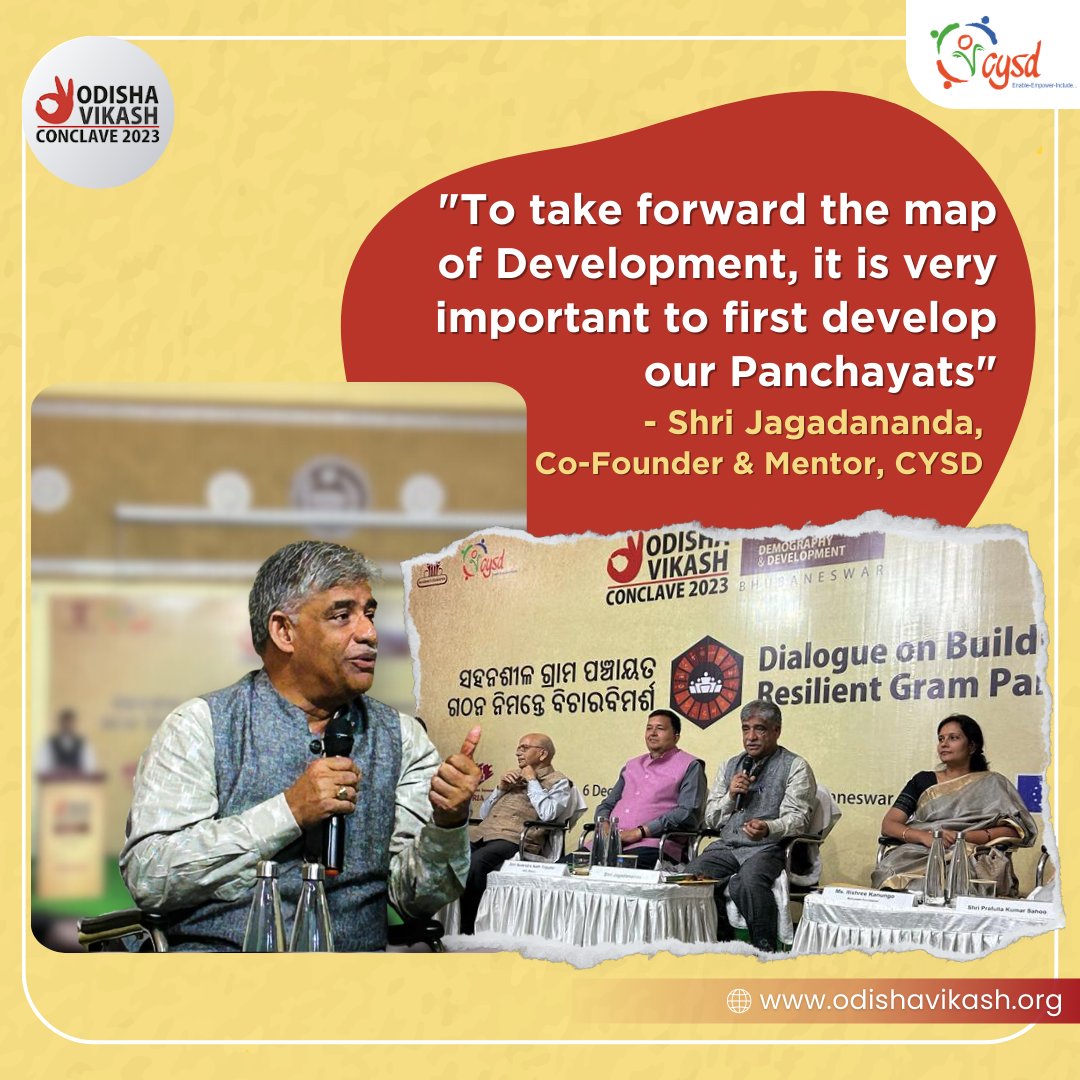 CYSDOdisha's tweet photo. Shri Jagadananda Ji, Co-Founder & Mentor, CYSD, at Odisha Vikash Conclave 2023, talking on the importance of building resilient panchayats in Odisha's holistic development.
#OVC2023 #Odisha2036 @PRDeptOdisha @mopr_goi @NITIAayog @jagada_odisha @CMO_Odisha @RTandon_PRIA https://t.co/aKbv2CfNoM