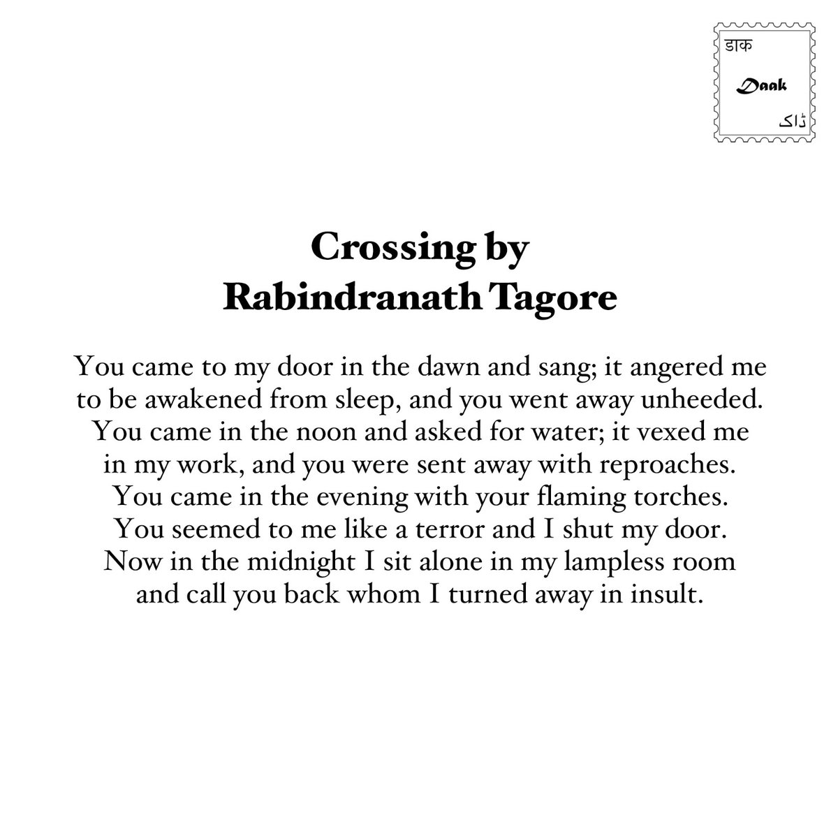 DaakVaak's tweet photo. Regret is a powerful thing! In this poem, Tagore captures our small inconsiderations which come back to haunt us in our loneliest moments. https://t.co/NRGAesW7Kd