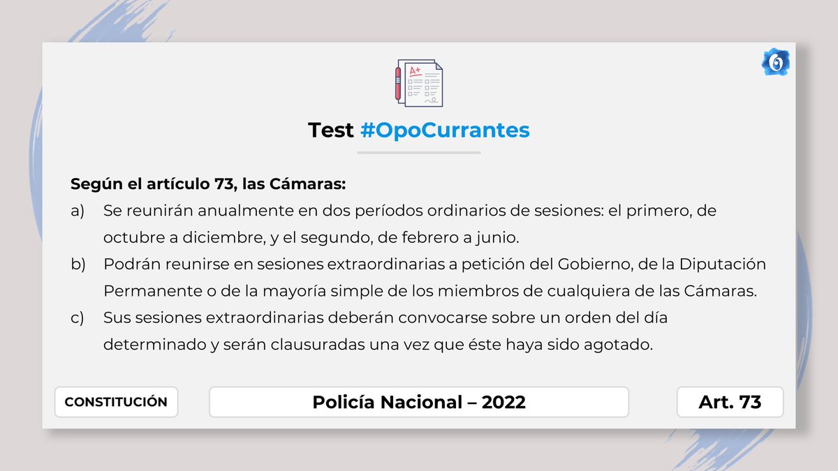 opocaos's tweet photo. 👋 ¡Qué tal Opocurrante!

¡Feliz día de la Constitución! 🎉

Y para celebrarlo, vamos a ver una pregunta de test de Examen Oficial.
En este caso, nos vamos a ir al Art. 73.

¿Sabes qué letra es la correcta? ¡Marca tu opción en la encuesta!

¡A las 18:00, la solución! ⏱🚨

#opocurrantes #oposiciones #opositores #opocaos #opoleyes #opositar