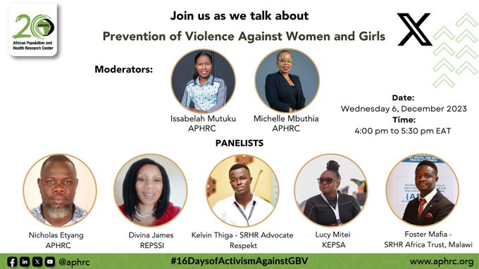 Don’t forget to tune in today for this insightful engagement on the prevention of violence against women and girls where our Gender Specialist @lucymitei will be speaking ⏰Starting 4PM 🔗twitter.com/i/spaces/1djxX… #16DaysOfActivism #NoExcuse for gender-based violence @aphrc