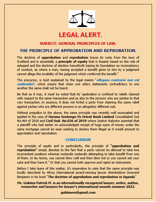 #LEGALALERT
#knowthelaw
AN INSIGHT INTO THE LEGAL DOCTRINE  OF APPROBATION AND REBROBATION.@lawyer_ug @DailyMonitor @nkumba_law @iuiu_kc_law @MakerereLaw @uculaw @uculawsociety @HKLawyersUG @LawSocietyofKe @TanganyikaLaw @Rwanda_Bar