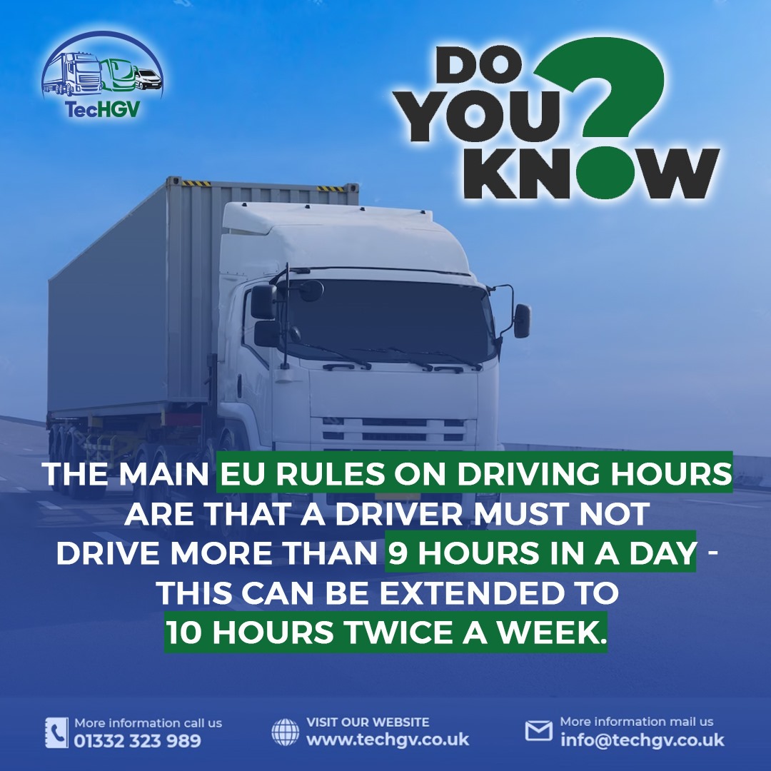 TecHGV_Official's tweet image. 👉Do you know?
The main EU rules on driving hours are that you must not drive more than 9 hours in a day - this can be extended to 10 hours twice a week. 56 hours in a week. 90 hours in any 2 consecutive weeks.
📌techgv.co.uk
#TMCPC #CPC #TransportManagerRefresher