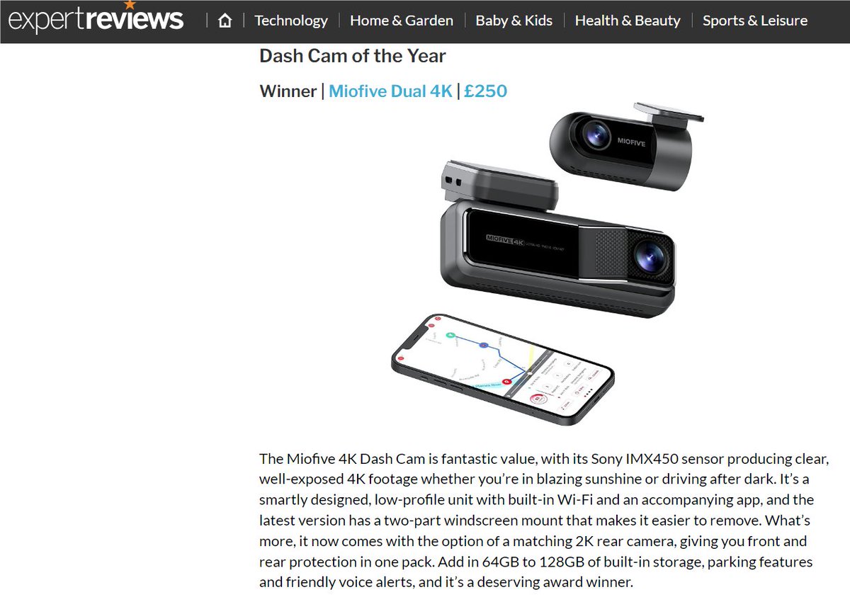🏆 Exciting news! Miofive Dash Cam Dual just snagged 'Dash Cam of the Year' at Expert Reviews! 🚗💨 🥳amazon.com/dp/B0BJJCXMYY ✨ Clear 4K footage, sleek design, and a bonus 2K rear cam option. Upgrade your drive with the award-winning Miofive! 🌟🏅