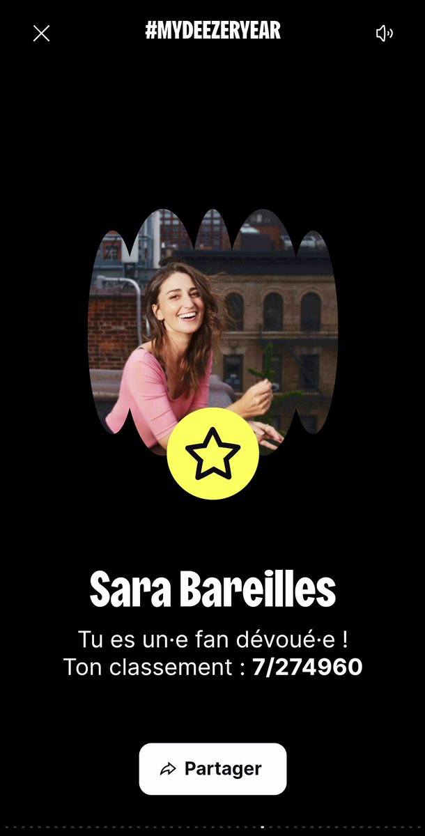 Hello <a href="/SaraBareilles/">Sara Bareilles</a> , je tenais juste à te dire que je suis ta 7e plus grande fan 😁  #Deezer