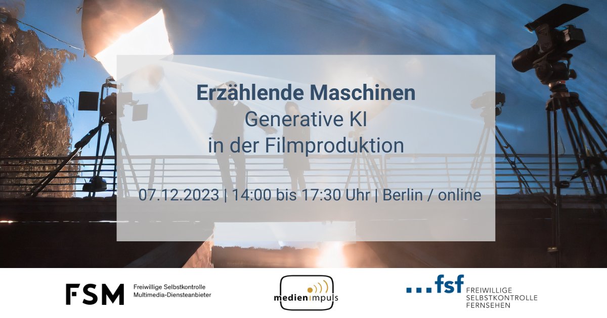 Erzählende Maschinen: Generative #KI in der Filmproduktion - am Donnerstag findet ab 14 Uhr der #medienimpuls von FSF und FSM statt, die Veranstaltung wird im Livestream von @ALEX_berlin_de übertragen. Mit dabei u.a. @MartinThau, @JMMoenig, @dryhairtogo, moderiert von @cluychaz.