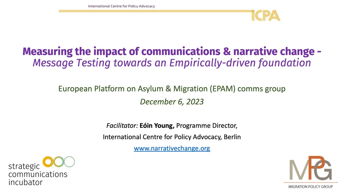 Looking forward to the session today with EPAM comms group on campaign evaluation and message testing. Ta to @MatthiasSRLMert <a href="/migpolgroup/">Migration Policy Group</a> for the invite. The main resource today: narrativechange.org/message-testin…