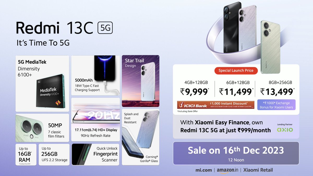 Smartprix's tweet image. Redmi 13C 5G launched in India 

Starts from ₹9,999*

-6.74'' 90Hz HD+ Display
-Dimensity 6100+ SoC
-50MP AI Dual Camera
-5000mAh Battery with 18W Charging
-3.5mm Jack, Dual 5G
-MIUI 14, Android 13
-Fingerprint Scanner

#Redmi13C5G #Redmi