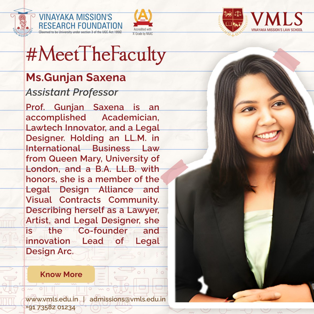 Prof. Gunjan Saxena is an accomplished Academician, Lawtech Innovator, and a Legal Designer. Holding an LL.M. in International Business Law from Queen Mary, University of London, and a B.A. LL.B. with honors
#MeetTheFaculty #FacultyIntroduction #FacultyExcellence #vmls