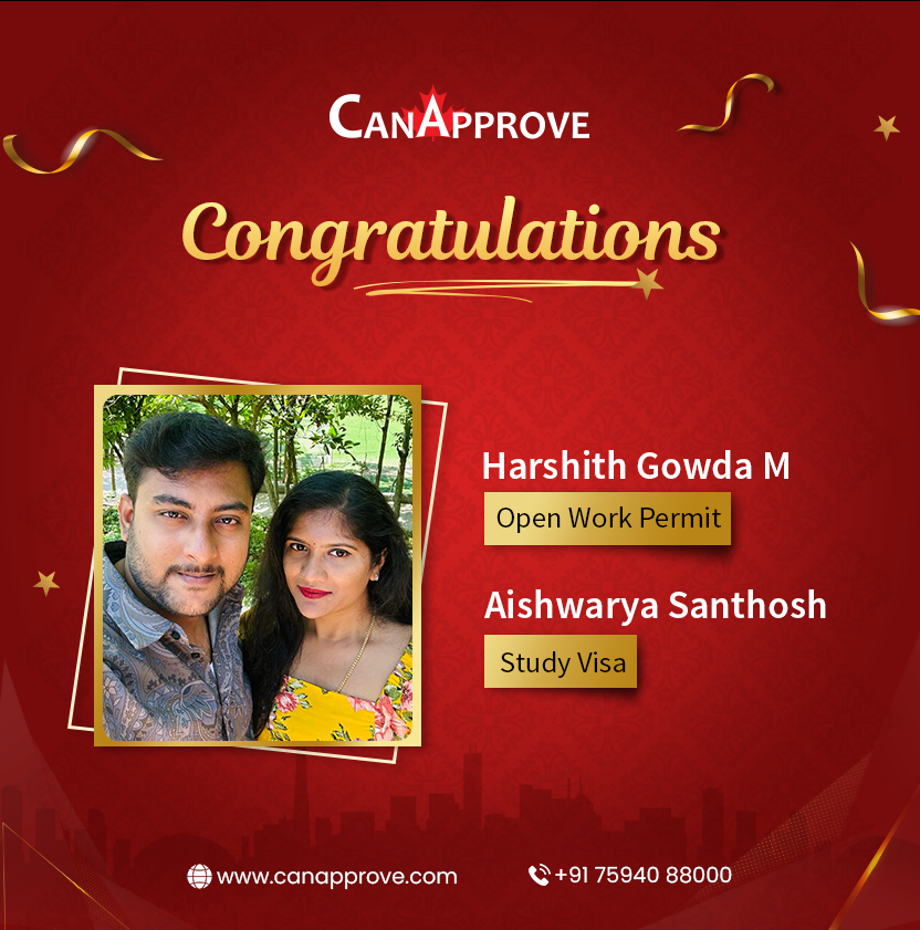 Can_Approve's tweet image. CanApprove is extremely glad to announce that Mr. Harshith Gowda and Ms. Aishwarya Santhosh have obtained their Open Work Permit and Study Visa respectively. We&apos;re so happy for your success

Team CanApprove wishes you the best in your future endeavors!

#openworkpermit #studyvisa