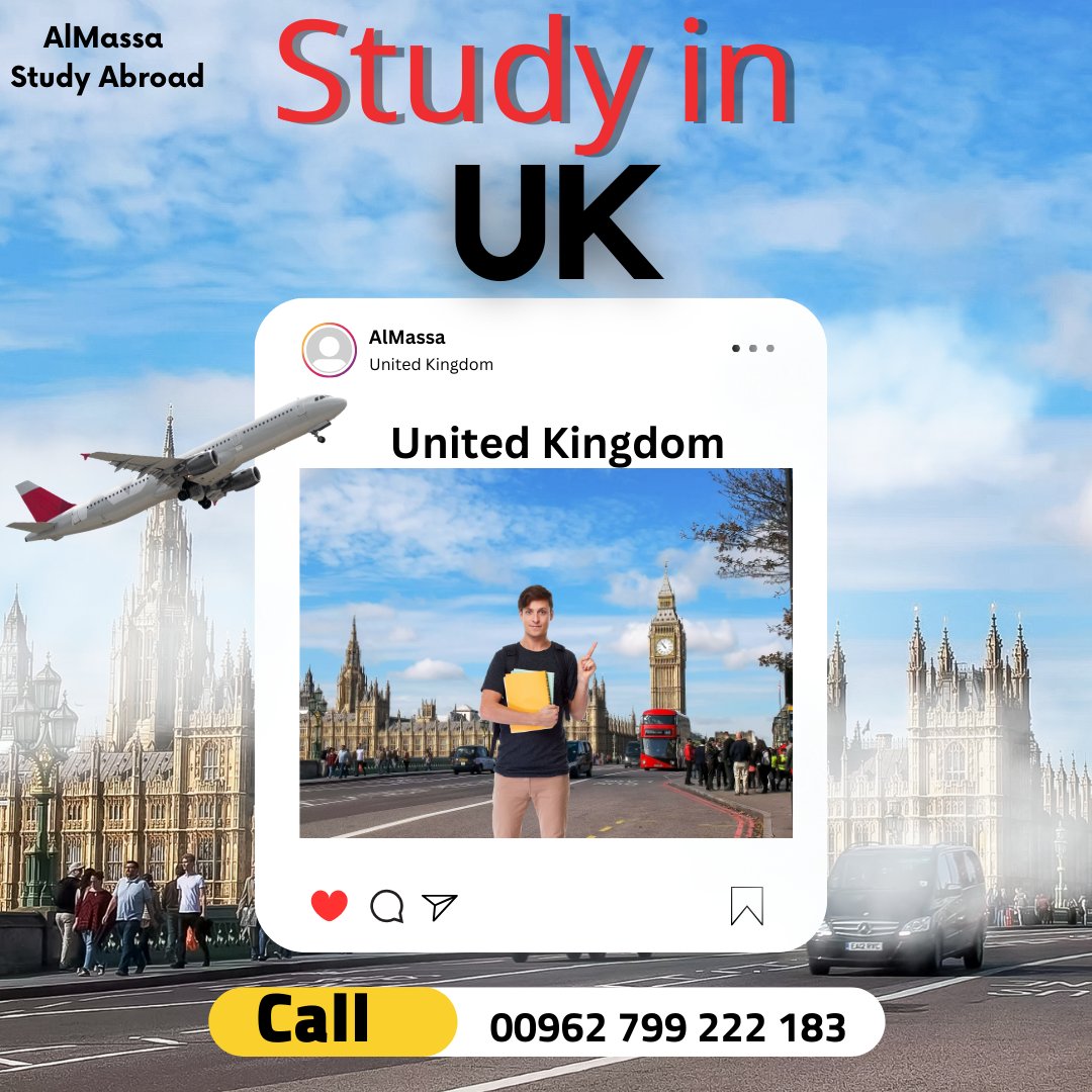 للطلاب الراغبين بدراسة البكالوريس والماجستير والدكتوراة ودورات اللغة الانجليزية
في بريطانيا
بالاضافة الى اجراءات التأشيرة و معاملة السفارة
للاستفسار ولمزيد من المعلومات الاتصال على الارقام
wa.me/962799222183
wa.me/962799875556