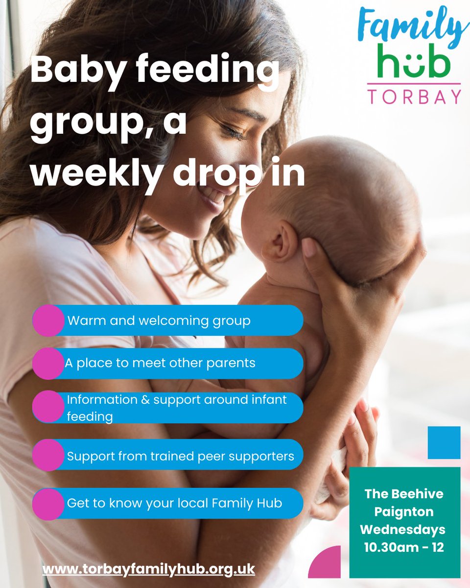 There are many ways you can get support with breastfeeding. Health visitors, midwives, peer supporters, helplines, grandparents - come along to our group at the Beehive, Paignton today go to torbayfamilyhub.org.uk/whats-on/ for more support. #SupportNetwork #BeehivePaignton