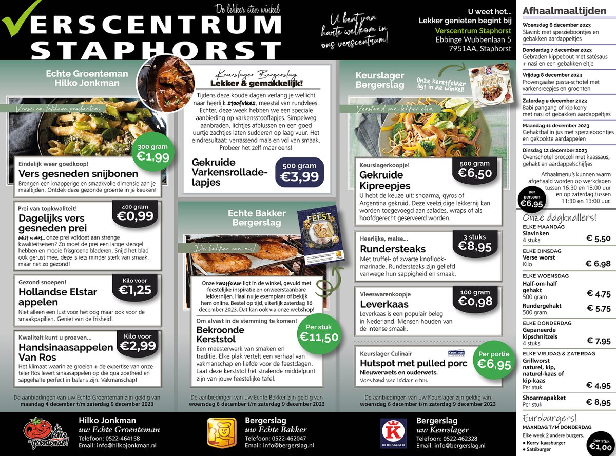 BergerslagEB's tweet photo. 𝐀𝐚𝐧𝐛𝐢𝐞𝐝𝐢𝐧𝐠𝐞𝐧 𝐯𝐚𝐧 𝐝𝐞𝐳𝐞 𝐰𝐞𝐞𝐤! 😉
Hierbij de advertentie voor week 49 2023 van Verscentrum Staphorst, de lekker-eten-winkel! ✔ Onze kerstfolder ligt ook in de winkel! Ook allemaal gemakkelijk te bestellen via onze webshop! https://t.co/4HBIGEdjCI